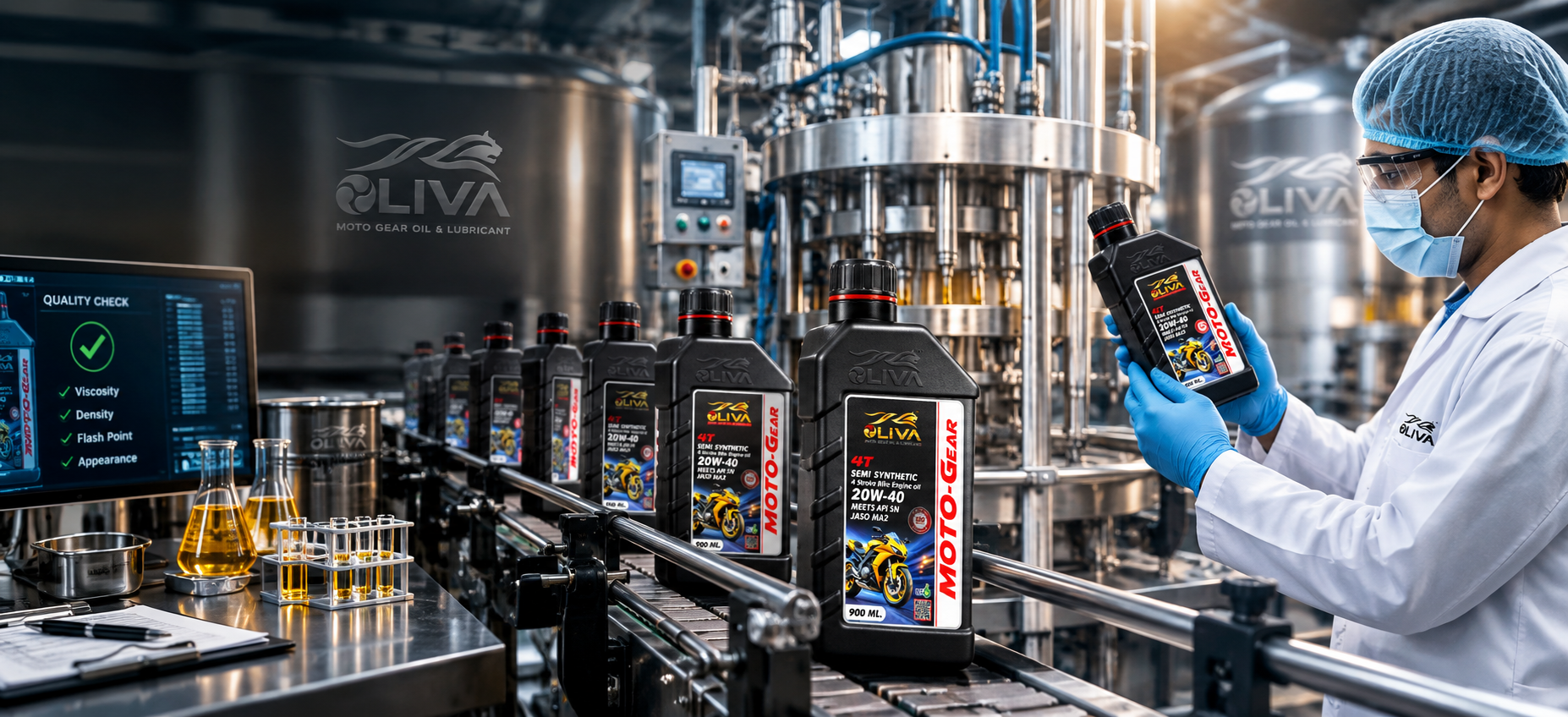 OLIVA technician in sterile gear inspecting a 20W-40 Moto-Gear bottle on an automated packaging line
